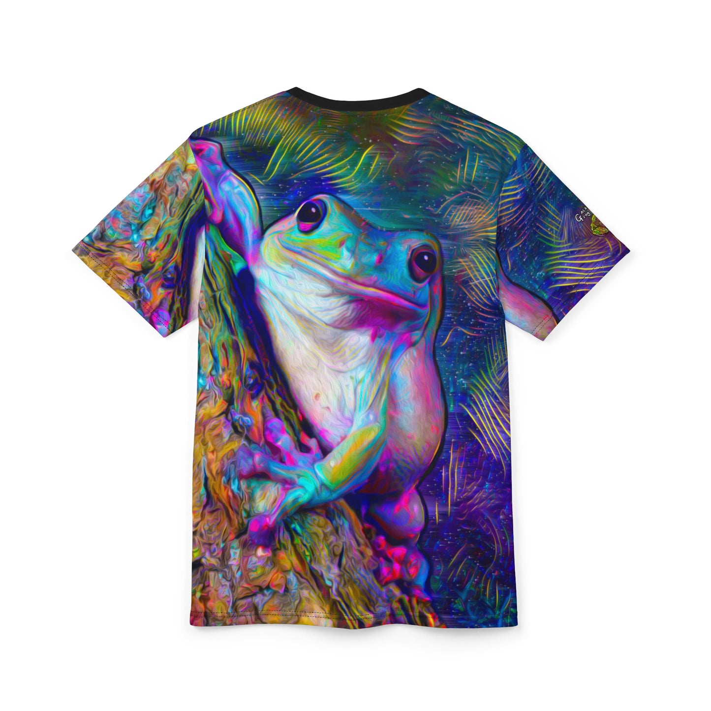 Colorful Frog Art Tee, Unisex AOP Shirt, Funky Animal Tee, Eco-Friendly Fashion, Perfect for Nature Lovers