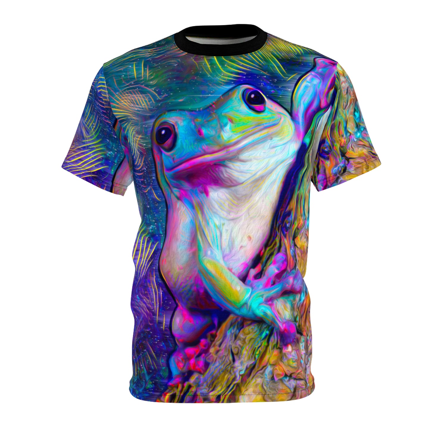 Colorful Frog Art Tee, Unisex AOP Shirt, Funky Animal Tee, Eco-Friendly Fashion, Perfect for Nature Lovers