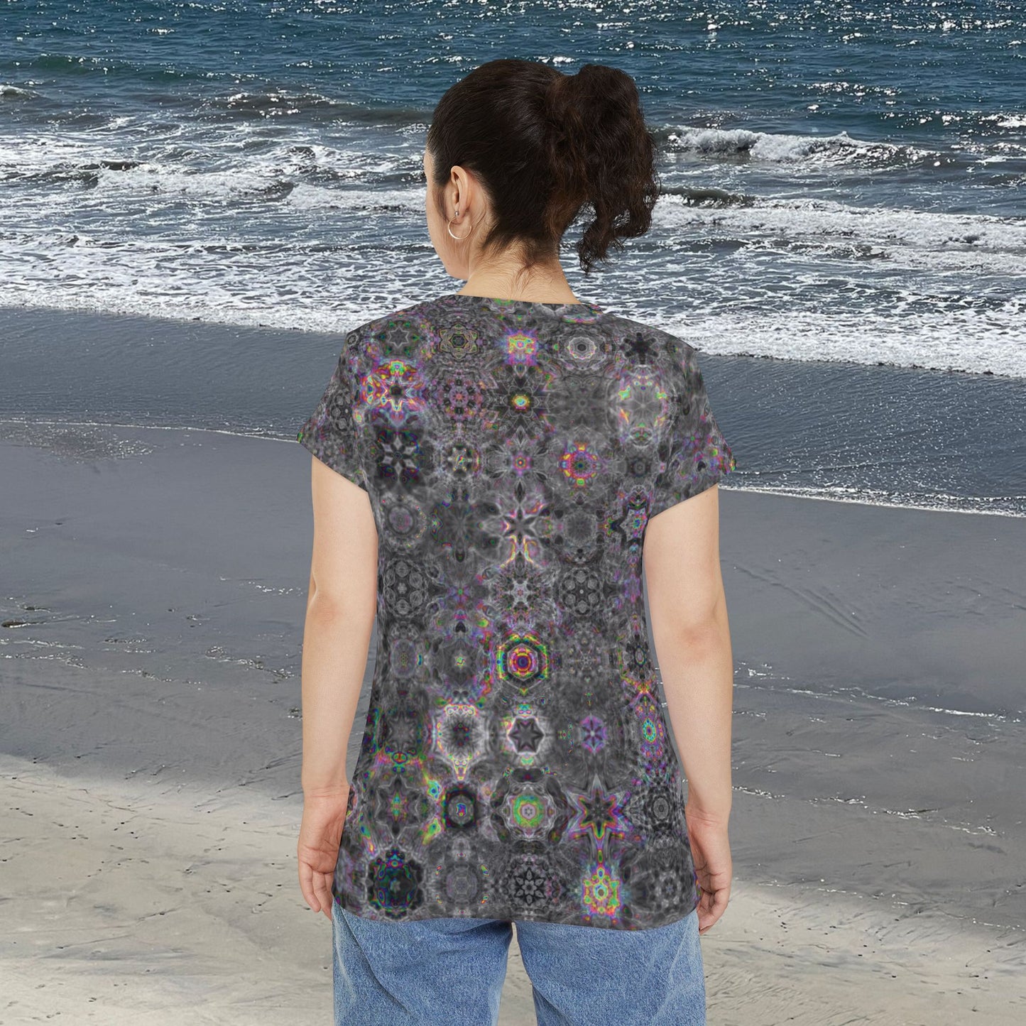 Woof woof Doggo Cymatics Women's Short Sleeve Cymagic Kaleidoscape Tee Shirt (AOP)