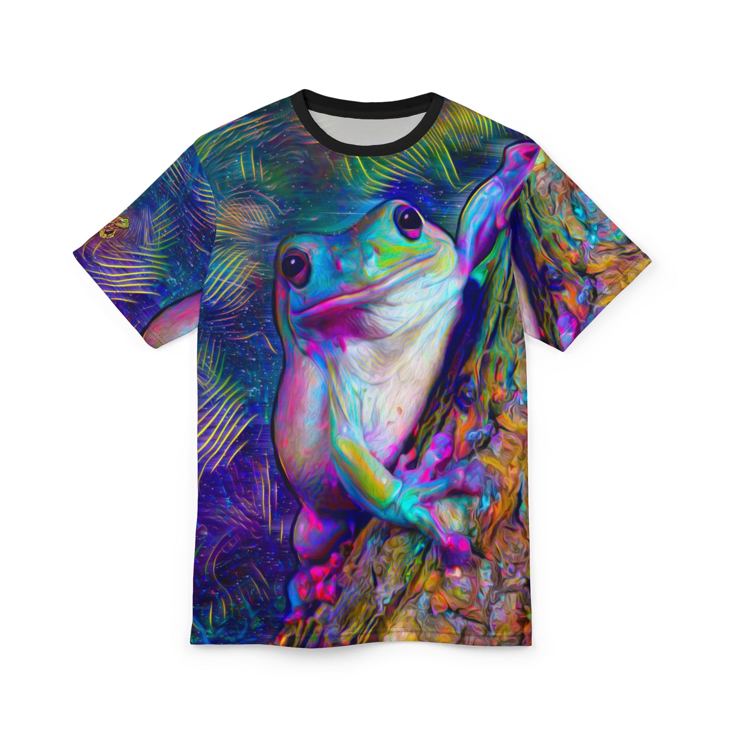 Colorful Frog Art Tee, Unisex AOP Shirt, Funky Animal Tee, Eco-Friendly Fashion, Perfect for Nature Lovers