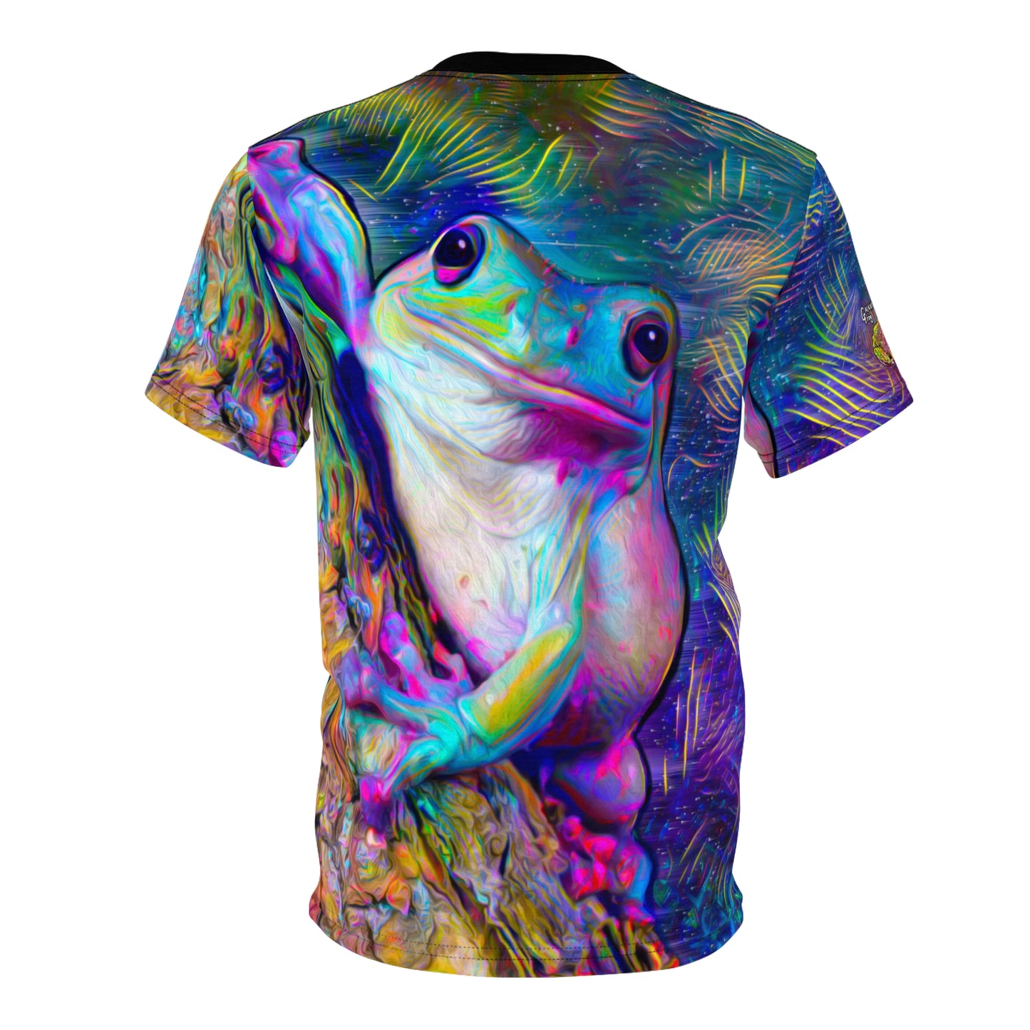 Colorful Frog Art Tee, Unisex AOP Shirt, Funky Animal Tee, Eco-Friendly Fashion, Perfect for Nature Lovers
