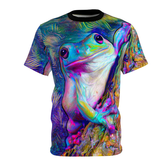 Colorful Frog Art Tee, Unisex AOP Shirt, Funky Animal Tee, Eco-Friendly Fashion, Perfect for Nature Lovers
