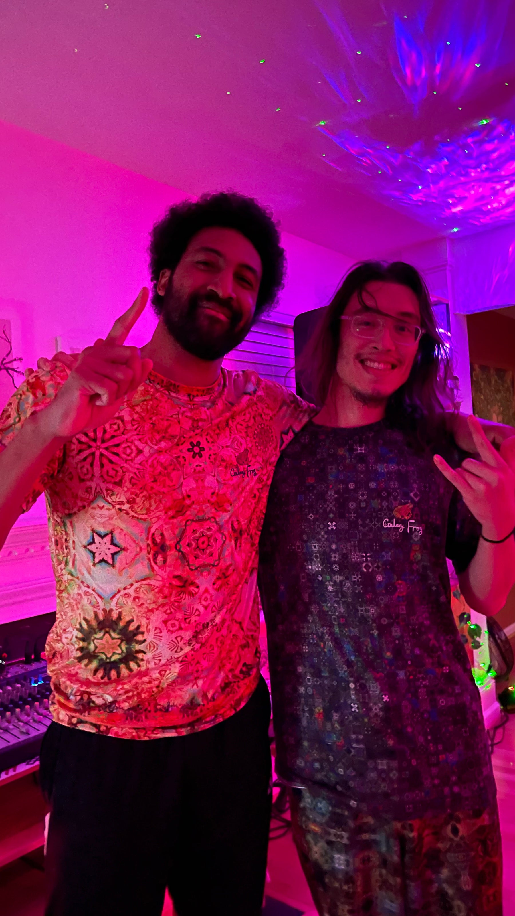 Friends at a party wearing Galaxy Frog apparel